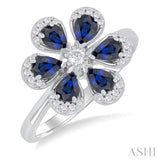 4X3 MM Pear Cut Floral Blossom Sapphire and 1/6 Ctw Round Cut Diamond Precious Fashion Ring in 14K White Gold