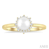 6 MM Round Shape Cultured Pearl and 1/10 Ctw Petite Round Cut Diamond Sunburst Halo Fashion Ring in 10K Yellow Gold