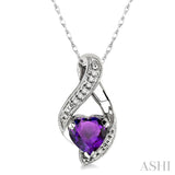 7 MM Heart Shape Amethyst and 1/20 Ctw Single Cut Diamond Semi-Precious Pendant in 14K White Gold with Chain