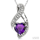 7 MM Heart Shape Amethyst and 1/20 Ctw Single Cut Diamond Semi-Precious Pendant in 14K White Gold with Chain
