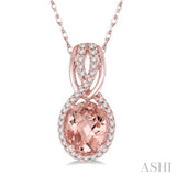 8x6 MM Oval Cut Morganite and 1/6 Ctw Round Cut Diamond Entwined Semi-Precious Pendant in 14K Rose Gold with chain