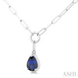 6x4 MM Pear Cut Sapphire Solitaire Precious Paperclip Pendant With Chain in 10K White Gold