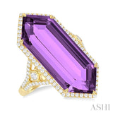 26x10 MM Hexagon Shape Amethyst and 1/2 Ctw Round Cut Diamond Halo Semi-Precious Ring in 14K Yellow Gold