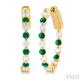 2 MM Round Cut Emerald and 1/2 Ctw Round Cut Diamond Precious Inside-Out Alternating Hoop Earrings in 14K Yellow Gold