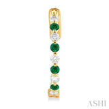 2 MM Round Cut Emerald and 1/2 Ctw Round Cut Diamond Precious Inside-Out Alternating Hoop Earrings in 14K Yellow Gold