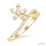 1/4 ctw Petite Split Curvy Floral Accent Baguette and Round Cut Diamond Fashion Ring in 10K Yellow Gold