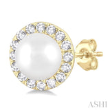 4.5 MM White Pearl and 1/8 Ctw Round Cut Diamond Halo Stud Earrings in 14K Yellow Gold