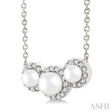 1/8 Ctw Past Present and Future 4 MM & 3 MM Cultured Pearl and Round Cut Diamond Halo Pendant With Chain in 14K White Gold