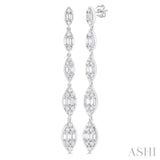1 1/2 ctw Marquise Shape Fusion Baguette and Round Cut Diamond Fashion Long Earring in 14K White Gold