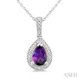 7X5 MM Pear Shape Amethyst and 1/50 Ctw Single Cut Diamond Semi-precious Pendant With Chain in Sterling Silver