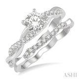 3/4 Ctw Diamond Wedding Set With 5/8 ct Round Center Diamond Twisted Engagement Ring and 1/10 ct Wedding Band in 14K White Gold