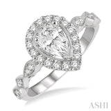 3/4 ctw Carved Shank Round Cut Diamond Engagement Ring With 3/8 ct Pear Cut Center Stone in 14K White Gold
